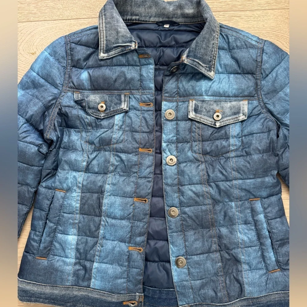 The Love Brand kids light faux denim puffer jacket with denim trim size L